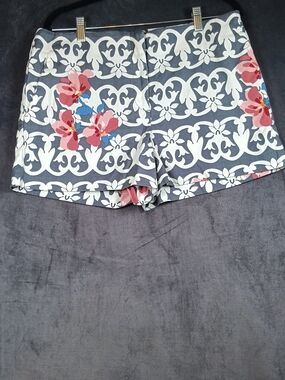 LOFT Black and White Floral-Print High Waist Shorts with Pink Accents